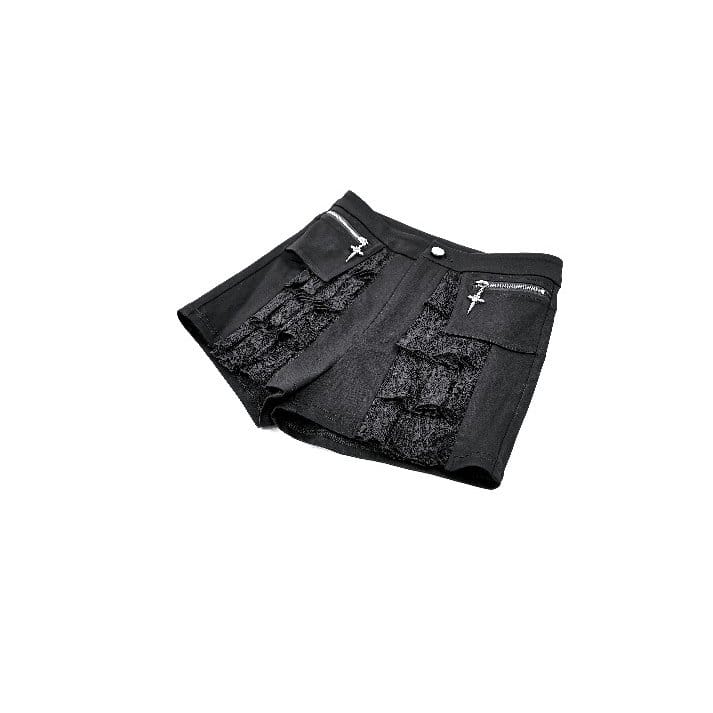 Darkinlove Women's Punk Layered Lace Ruffle Zipper Shorts
