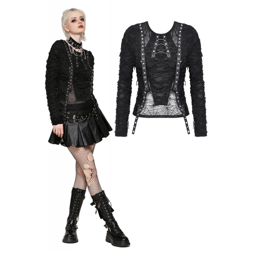 Darkinlove Women's Punk Mesh Eyelets Long Sleeved Blouse