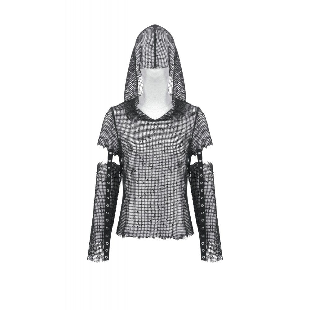 Darkinlove Women's Punk Mesh Hollow-Out Hooded Top