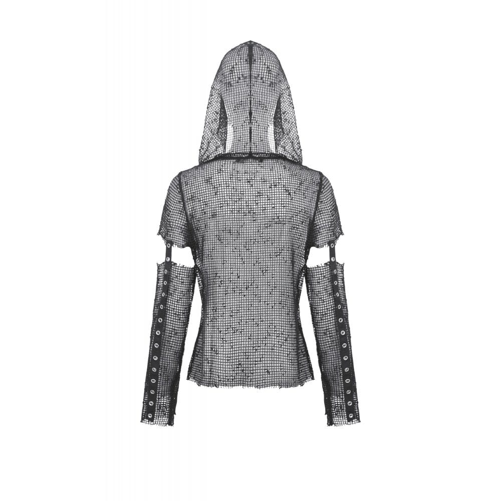 Darkinlove Women's Punk Mesh Hollow-Out Hooded Top