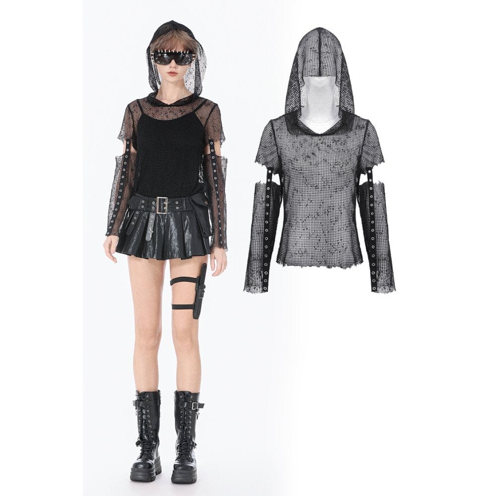 Darkinlove Women's Punk Mesh Hollow-Out Hooded Top