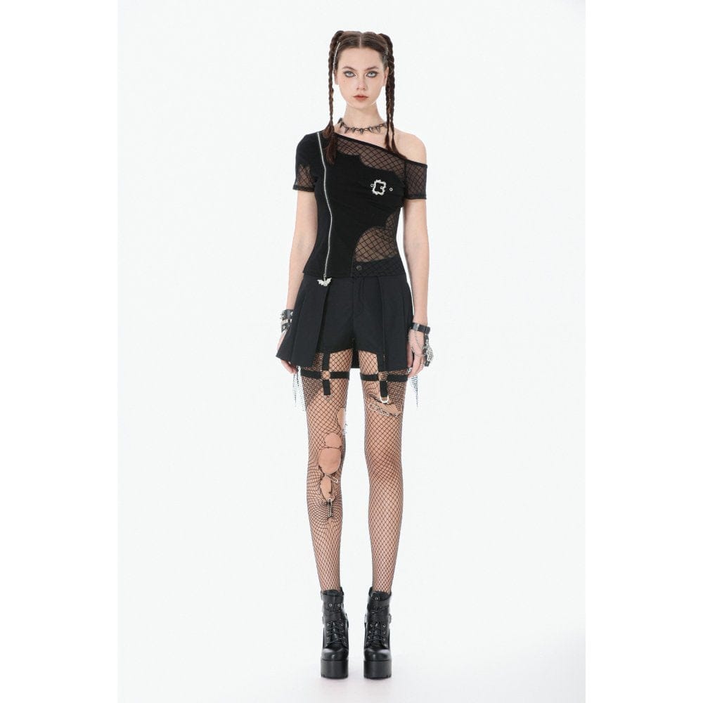 Darkinlove Women's Punk Mesh Pleated Shorts with Leg Harness