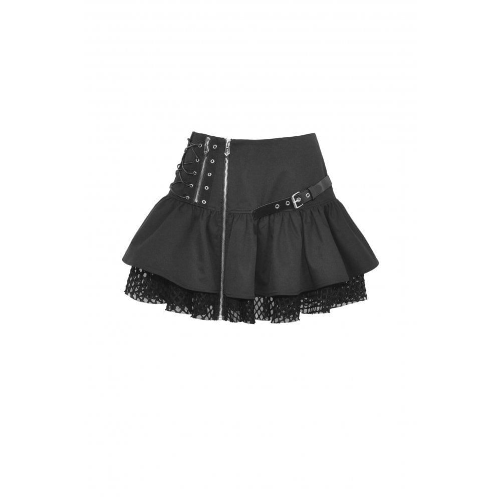 Darkinlove Women's Punk Mesh Splice Buckle Zipper Skirt