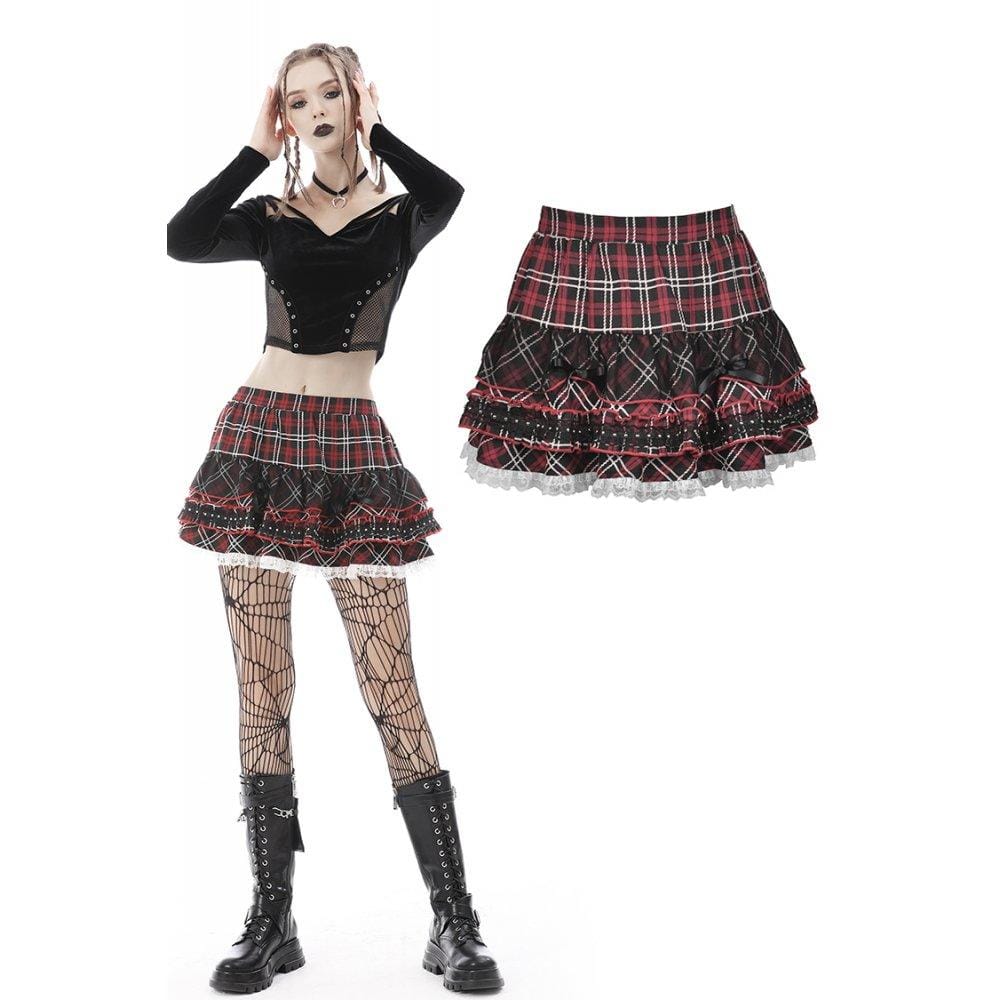 Darkinlove Women's Punk Mesh Splice Plaid Falbala Skirt