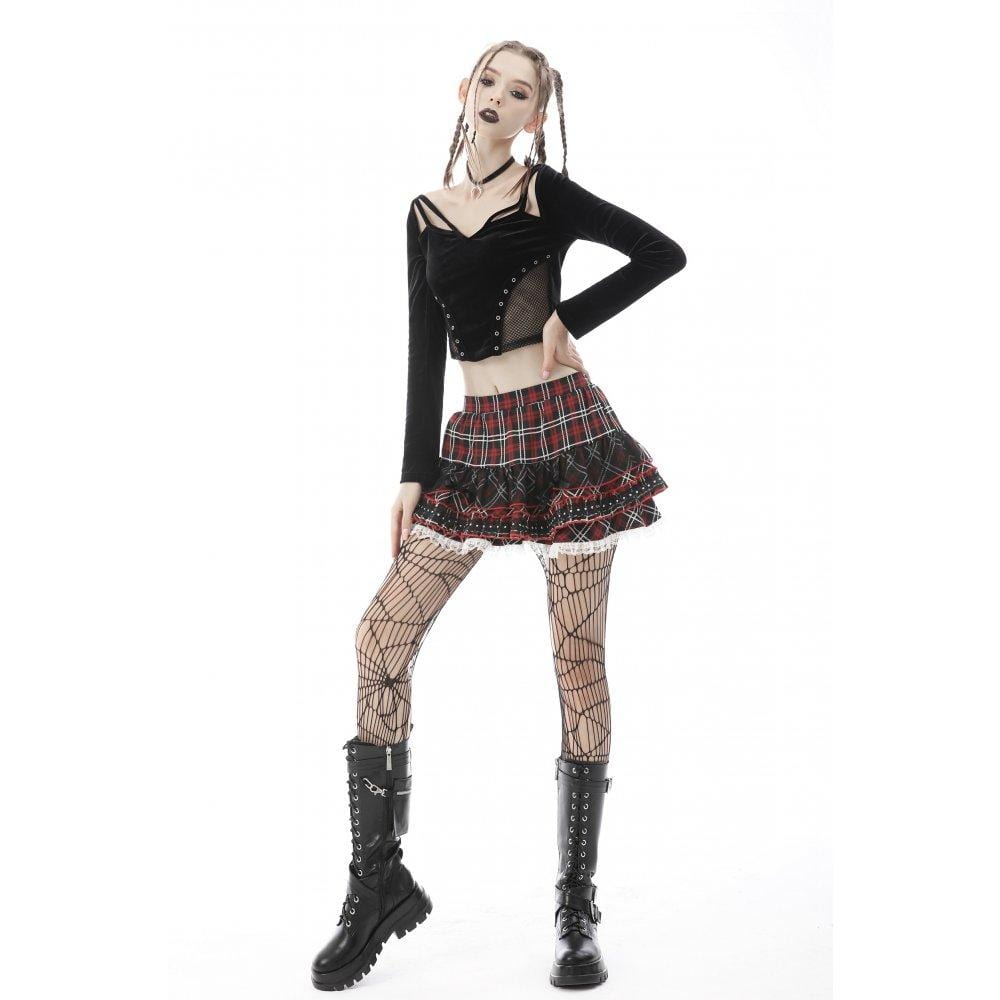 Darkinlove Women's Punk Mesh Splice Plaid Falbala Skirt