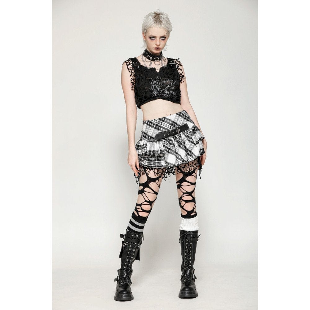 Darkinlove Women's Punk Mesh Splice Plaid Pleated Skirt