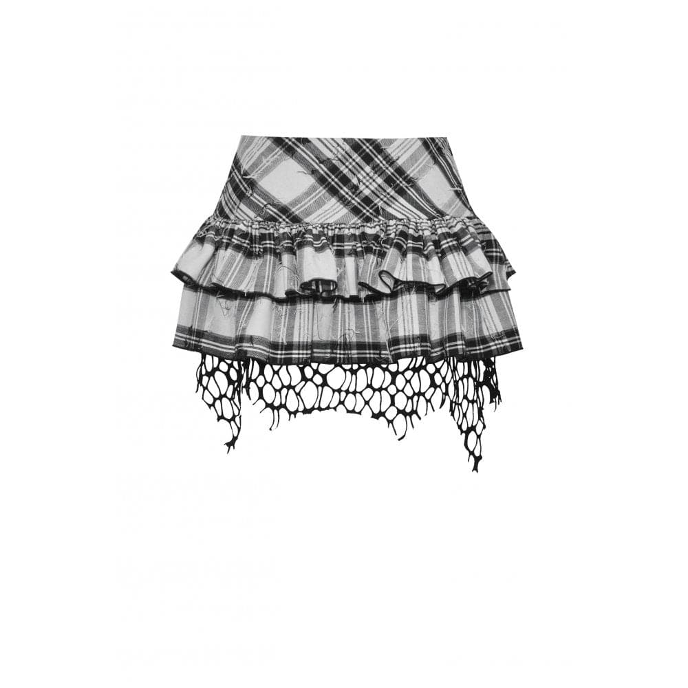 Darkinlove Women's Punk Mesh Splice Plaid Pleated Skirt