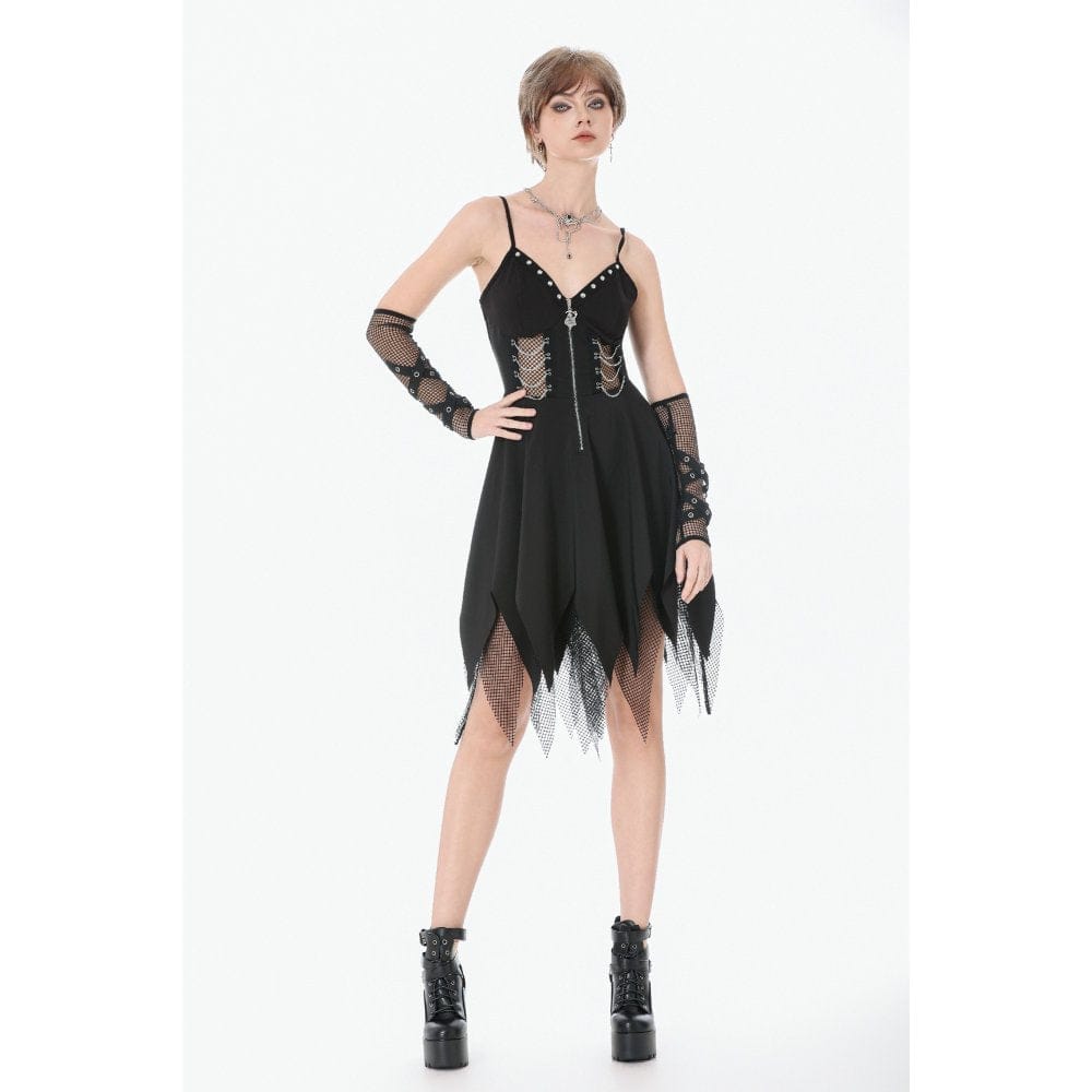 Darkinlove Women's Punk Mesh Splice Rivet Chained Slip Dress