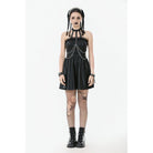 Darkinlove Women's Punk Metal Chain Faux Leather Halterneck Dress
