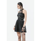 Darkinlove Women's Punk Metal Chain Faux Leather Halterneck Dress