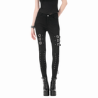 Darkinlove Women's Punk Multilayer Buckle Straps Lace-up Pants