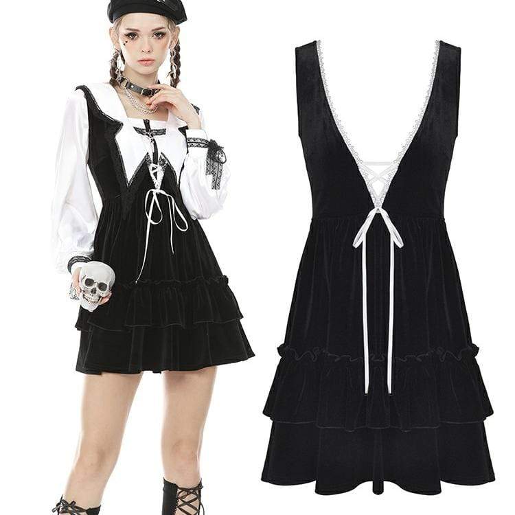 Darkinlove Women's Punk Multilayer Velet Black Overall Dresses