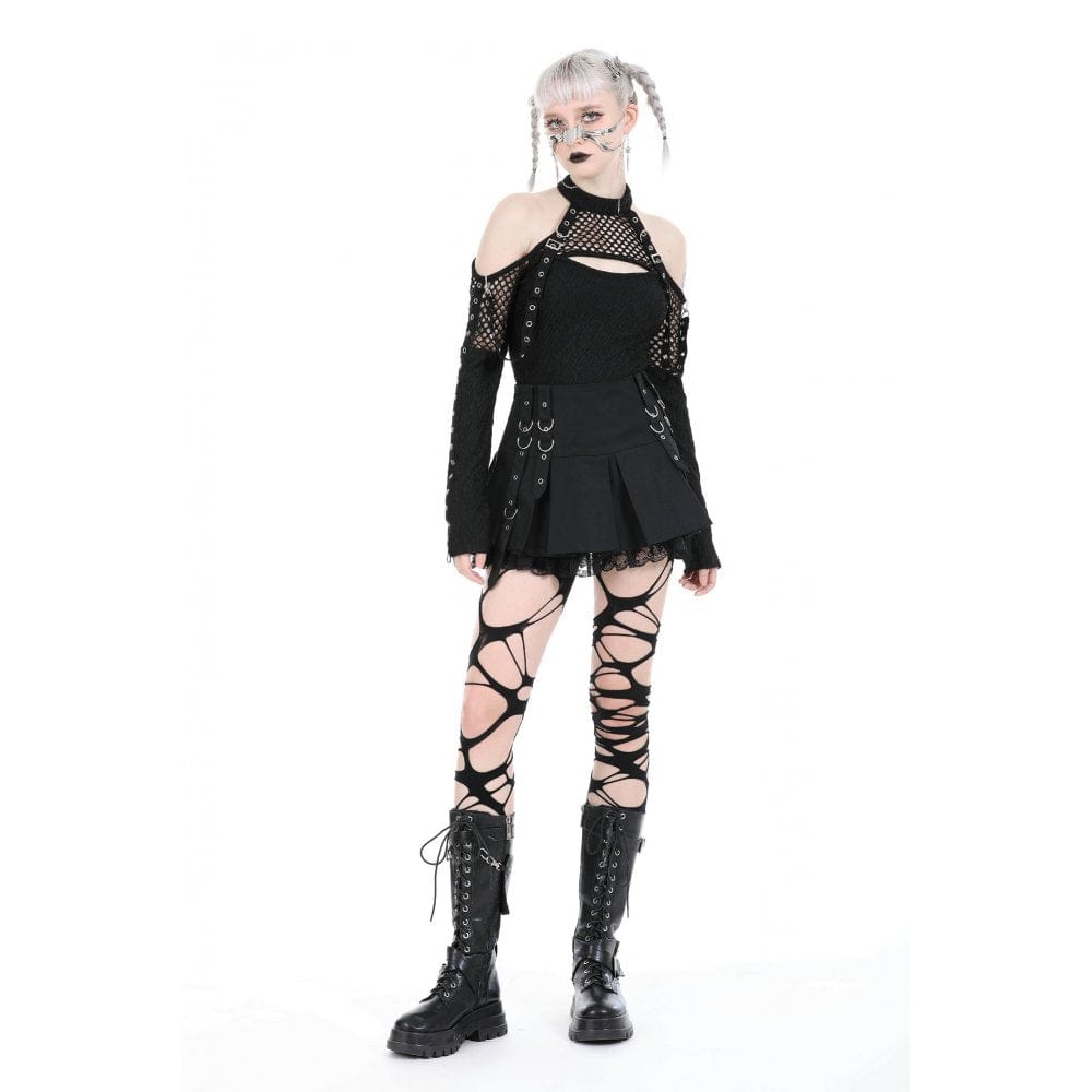 Darkinlove Women's Punk Off Shoulder Mesh Splice Shirt