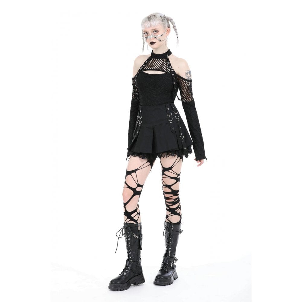 Darkinlove Women's Punk Off Shoulder Mesh Splice Shirt