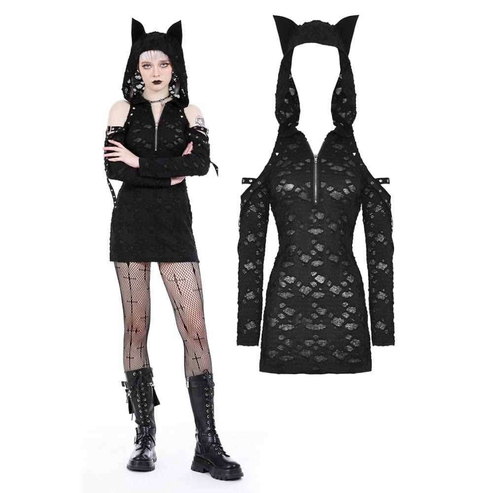 ripped off the shoulder dress Women's Punk Off Shoulder Ripped Dress with Hood – Punk Design