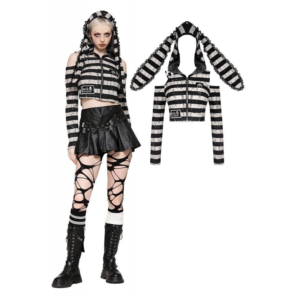 Darkinlove Women's Punk Off-the-Shoulder Bunny Striped Crop Top