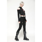 Darkinlove Women's Punk Off-the-Shoulder Eyelet Strap Crop Top