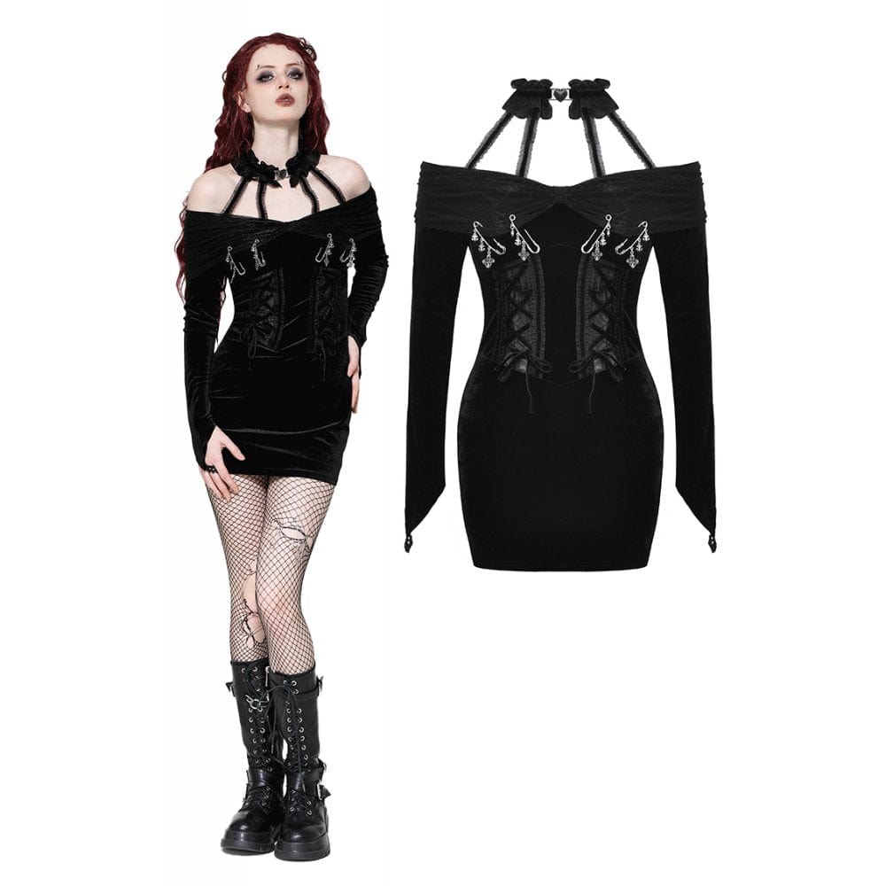 Darkinlove Women's Punk Off-the-Shoulder Lace-up Velvet Party Dress