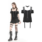 Darkinlove Women's Punk Off-the-shoulder Ripped T-shirt with Detachable Choker