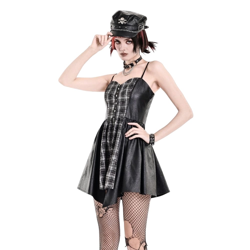 Darkinlove Women's Punk Plaid Panel Patchwork Irregular Hem Slip Dress