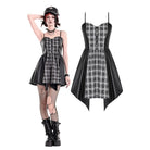 Darkinlove Women's Punk Plaid Panel Patchwork Irregular Hem Slip Dress