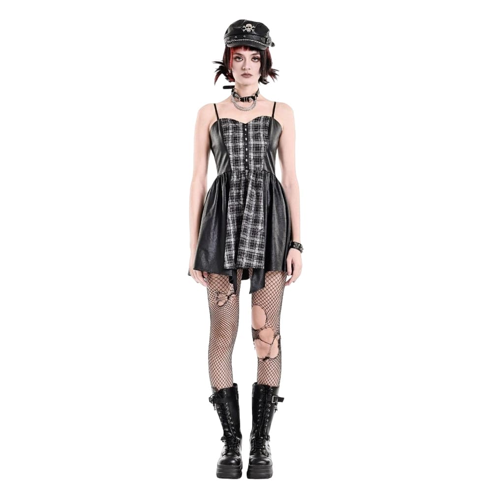 Darkinlove Women's Punk Plaid Panel Patchwork Irregular Hem Slip Dress