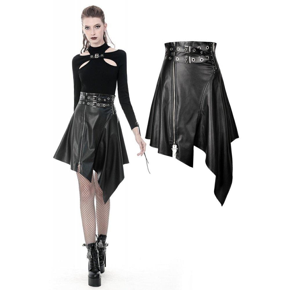 Darkinlove Women's Punk PU Leather Zippered Irregular Midi Skirts