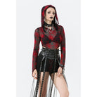 Darkinlove Women's Punk Red Spider Web Bodysuit with Hood