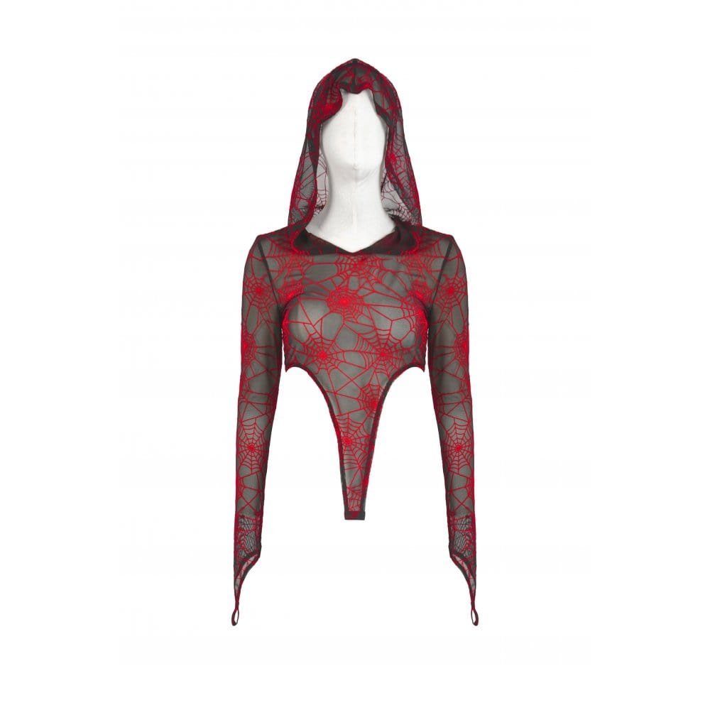 Darkinlove Women's Punk Red Spider Web Bodysuit with Hood