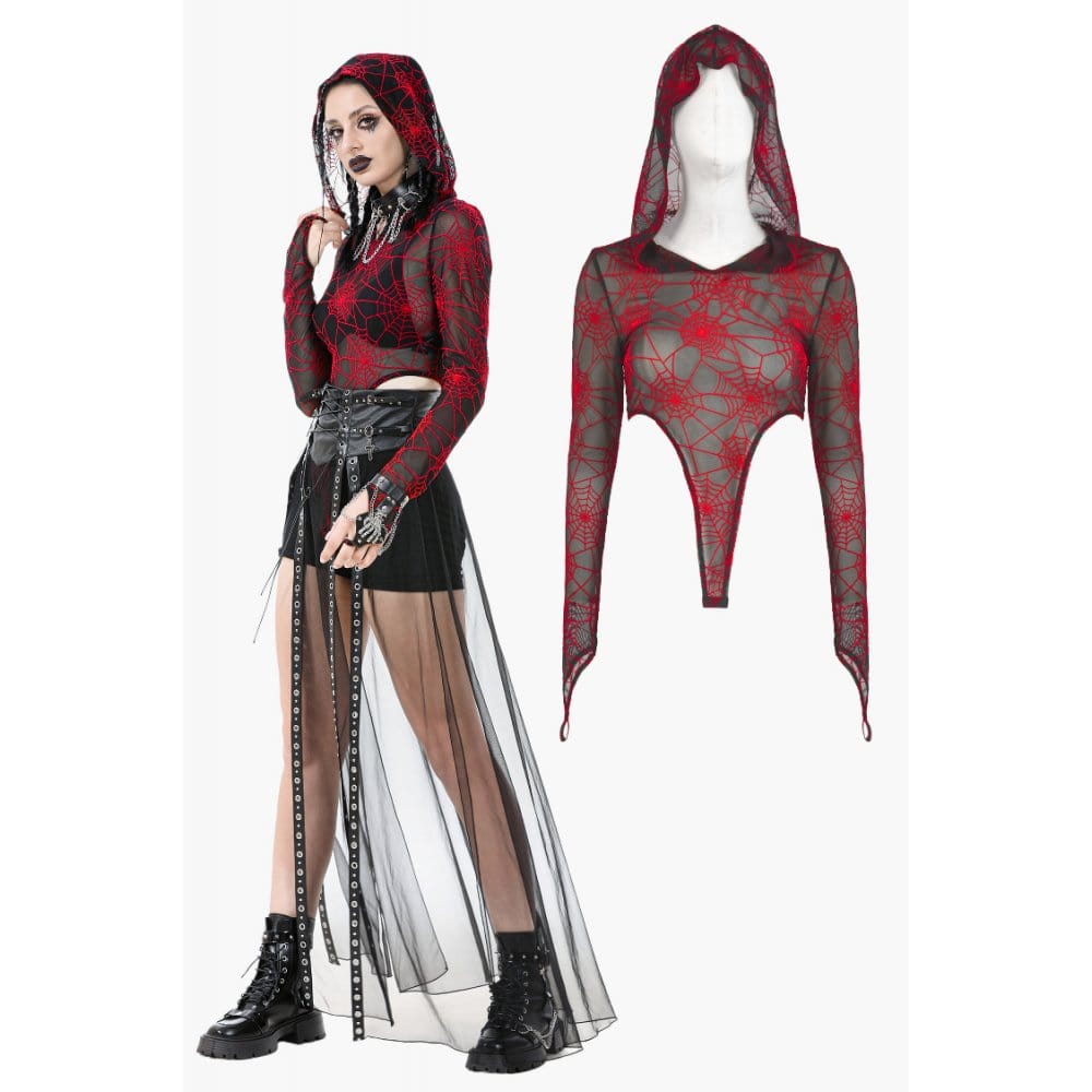 Darkinlove Women's Punk Red Spider Web Bodysuit with Hood