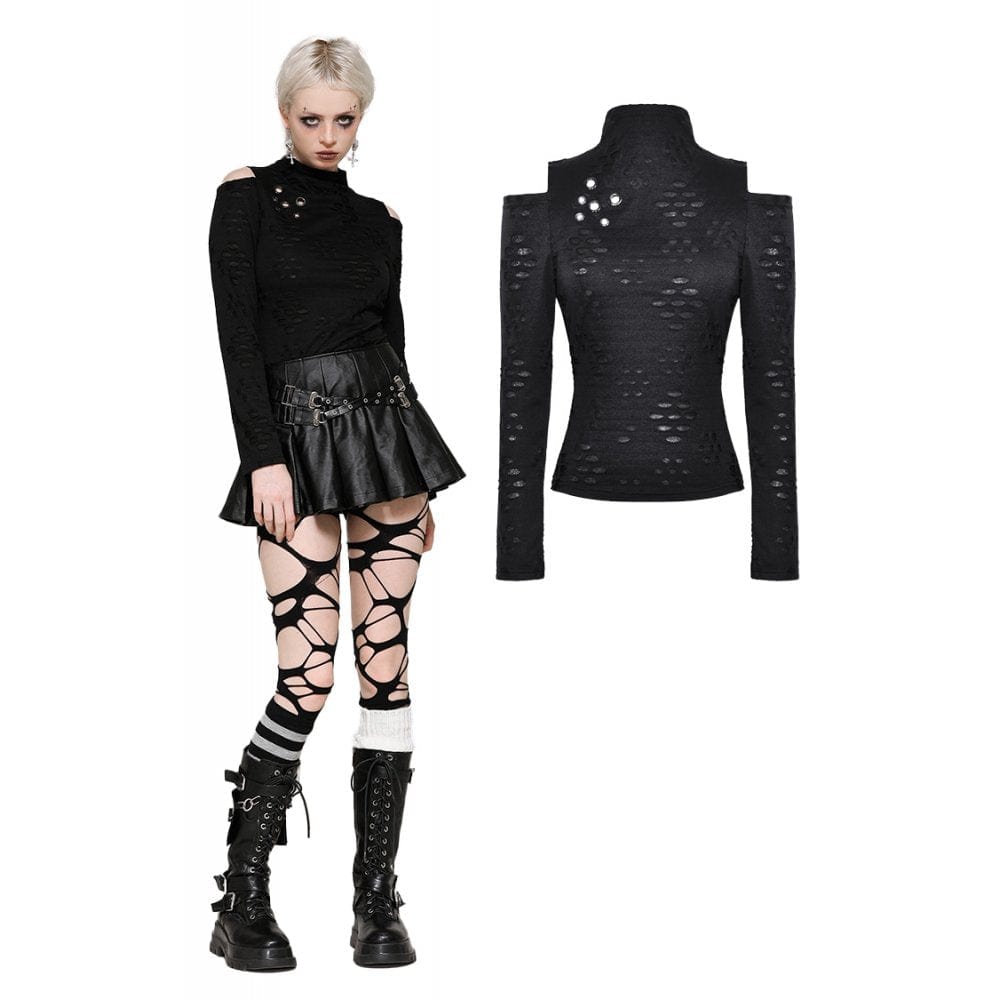 Darkinlove Women's Punk Ripped Eyelets Long Sleeved Blouse