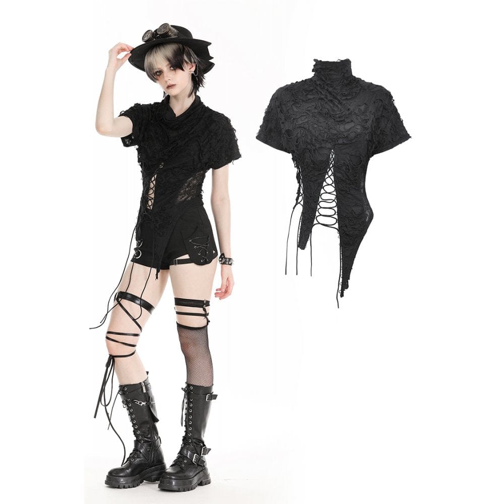 Darkinlove Women's Punk Ripped Lace-up Crop Top