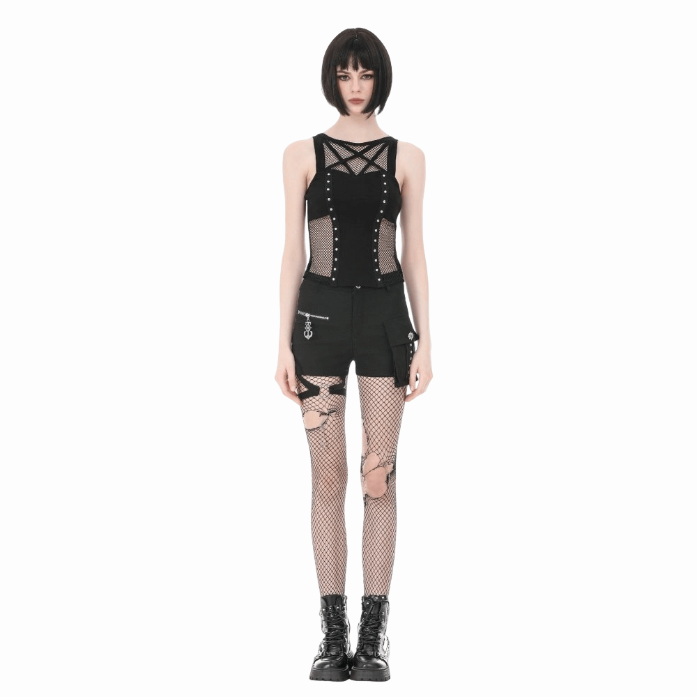 Darkinlove Women's Punk Rivet Pentagram Mesh Splice Tank Top