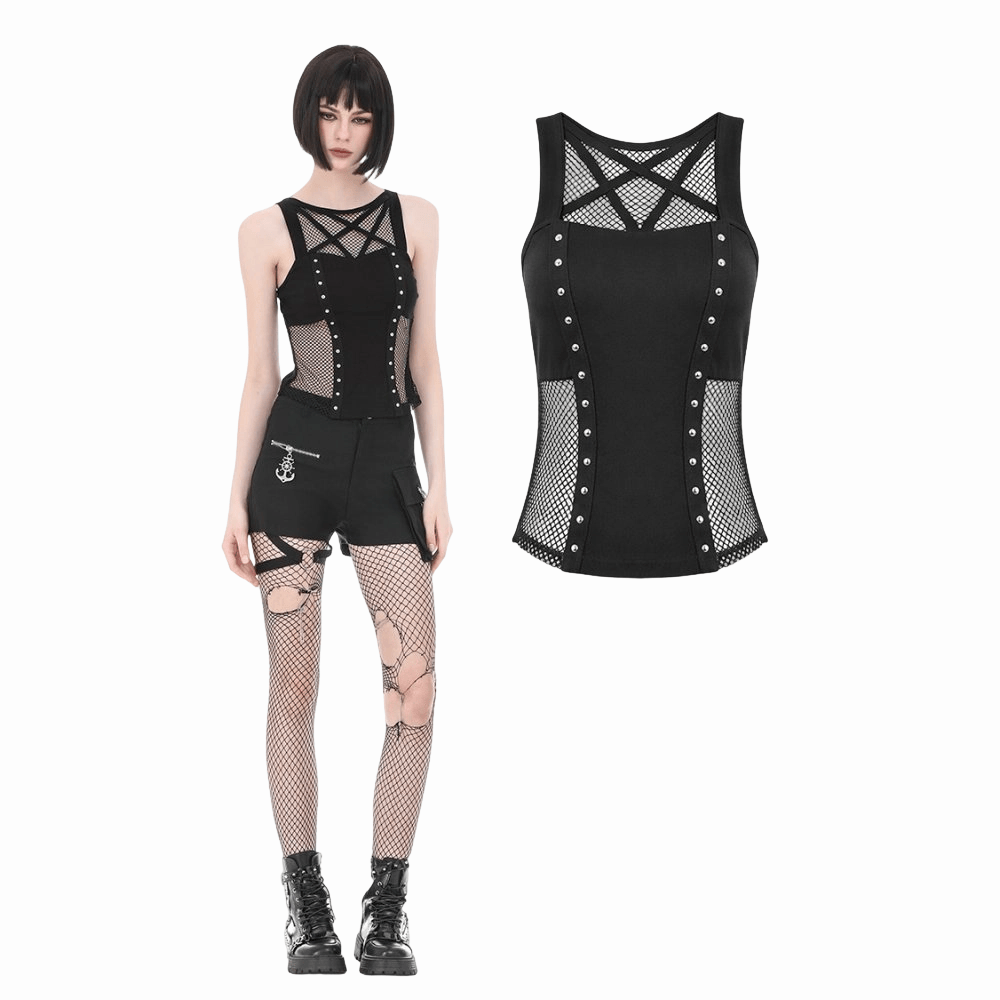 Darkinlove Women's Punk Rivet Pentagram Mesh Splice Tank Top