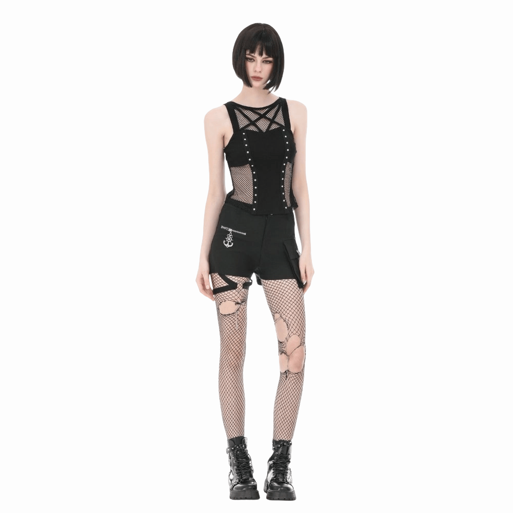 Darkinlove Women's Punk Rivet Pentagram Mesh Splice Tank Top