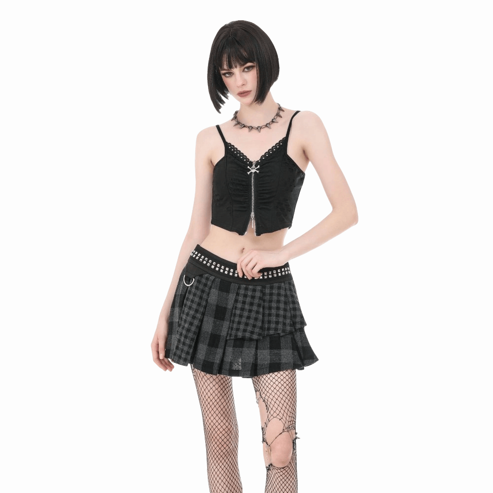 Darkinlove Women's Punk Rivet Plaid Asymmetric Skirt