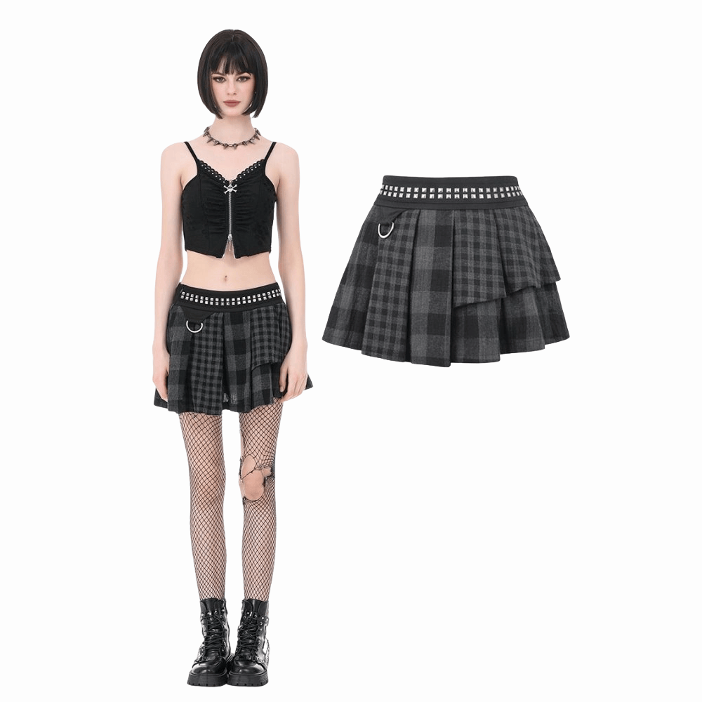 Darkinlove Women's Punk Rivet Plaid Asymmetric Skirt