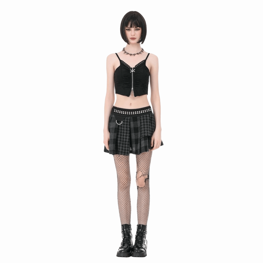 Darkinlove Women's Punk Rivet Plaid Asymmetric Skirt