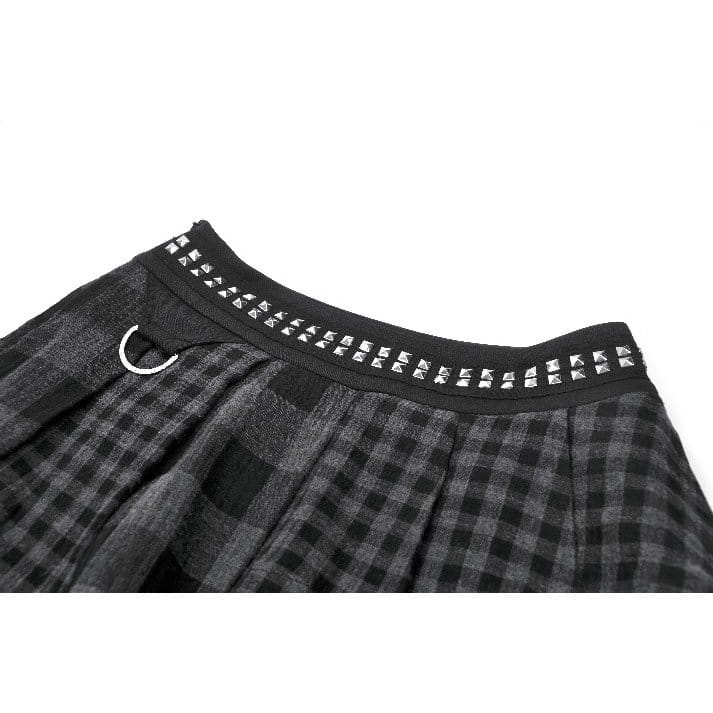 Darkinlove Women's Punk Rivet Plaid Asymmetric Skirt