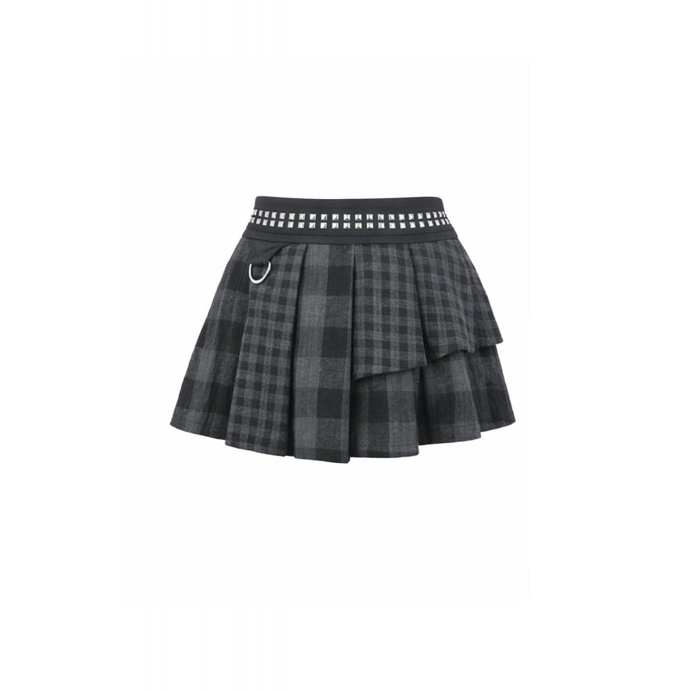 Darkinlove Women's Punk Rivet Plaid Asymmetric Skirt