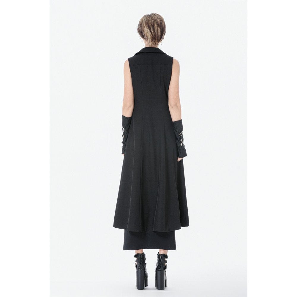 Darkinlove Women's Punk Rivets Lapel Sleeveless Long Coat