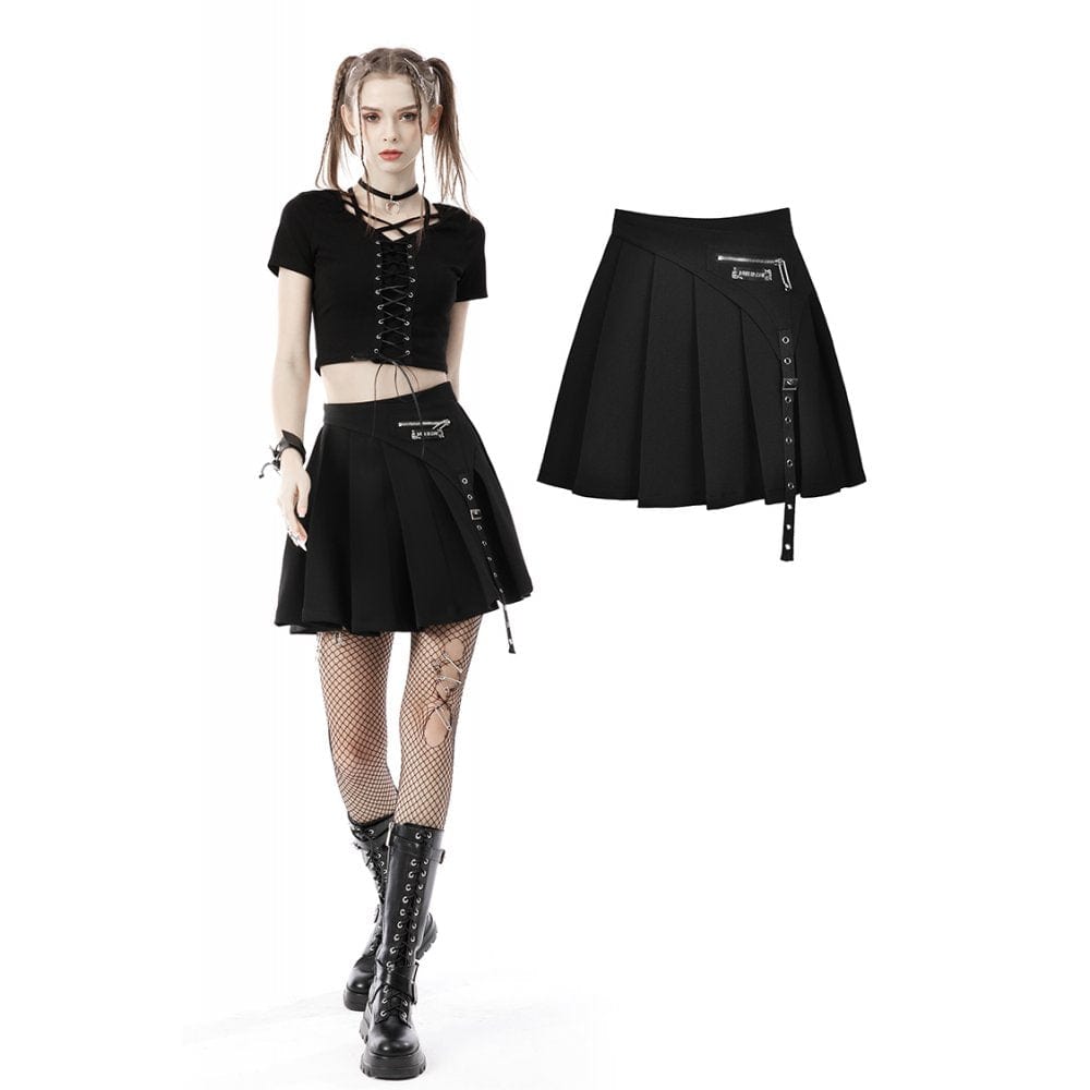 Darkinlove Women's Punk Rock Asymmetric Short Pleated Skirt