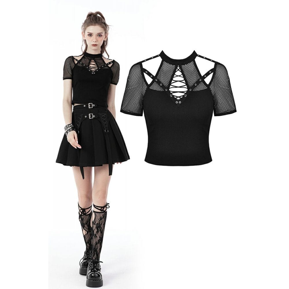 Darkinlove Women's Punk Rock Cutout Short Sleeved Mesh Top