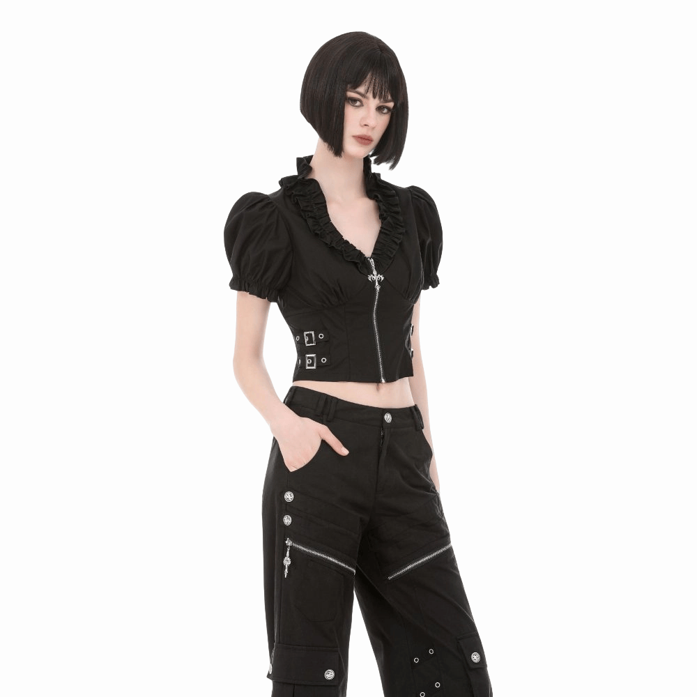 Darkinlove Women's Punk Ruffled Plunging Zipper Short Sleeve Crop Top