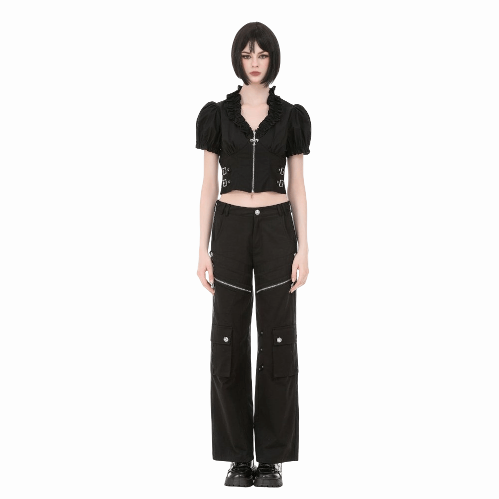 Darkinlove Women's Punk Ruffled Plunging Zipper Short Sleeve Crop Top