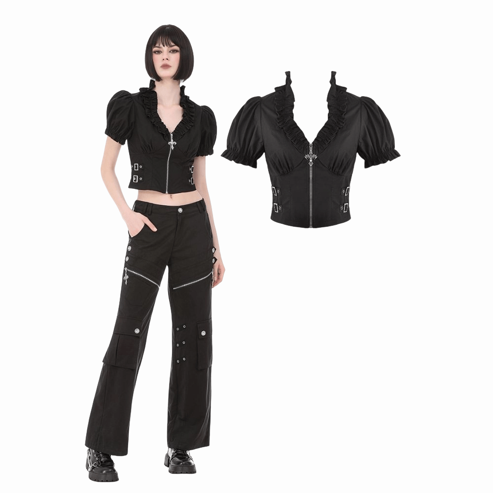 Darkinlove Women's Punk Ruffled Plunging Zipper Short Sleeve Crop Top
