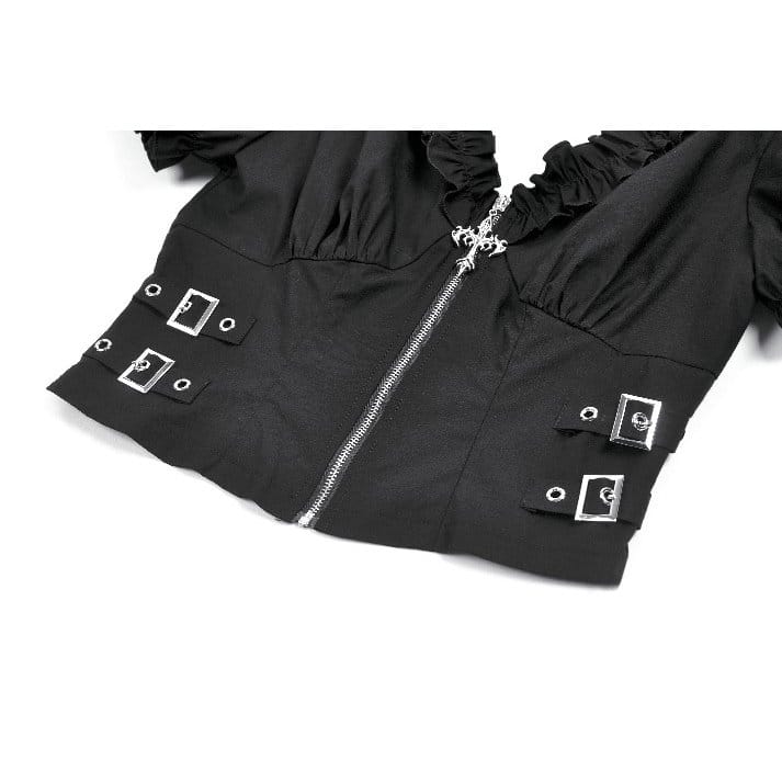 Darkinlove Women's Punk Ruffled Plunging Zipper Short Sleeve Crop Top