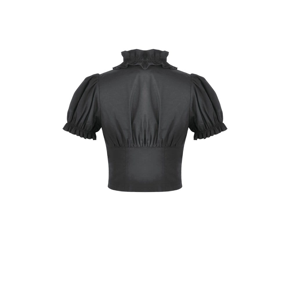 Darkinlove Women's Punk Ruffled Plunging Zipper Short Sleeve Crop Top