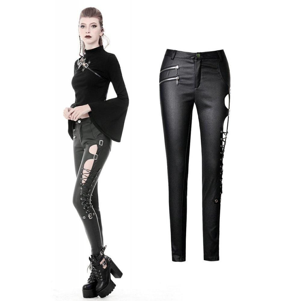 Women's Punk Sexy Hollow Thigh Asymmetrical PU Trousers – Punk Design