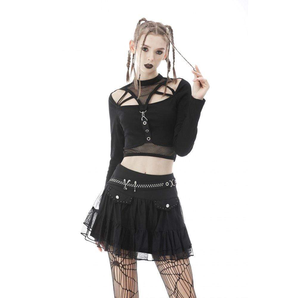 Darkinlove Women's Punk Skull Mesh Splice Falbala Skirt